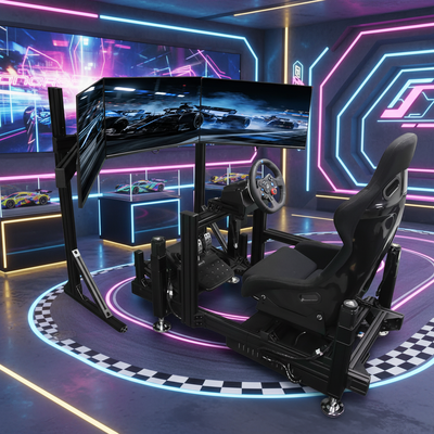 ダイナミックプラットフォームレースシートシミュレーター付きの3スクリーンレースカーゲーム